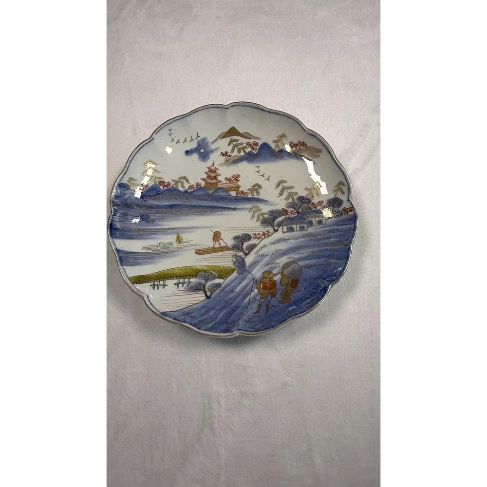 Vintage Japanese Imari Style Scalloped Plate Pagoda Landscape w/ Stand